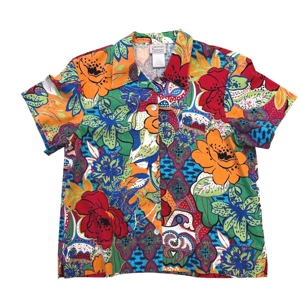 Vintage Renaissance Boho Womens Floral Linen Blend Button Up Top Multi Color L